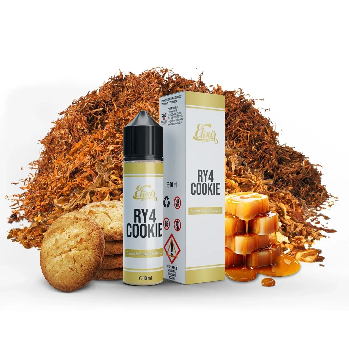 Příchuť Infamous Elixir S&V: RY4 Cookie (Tabáková směs RY4 se sušenkou) objem 10ml tabáková nálepka Kolek R