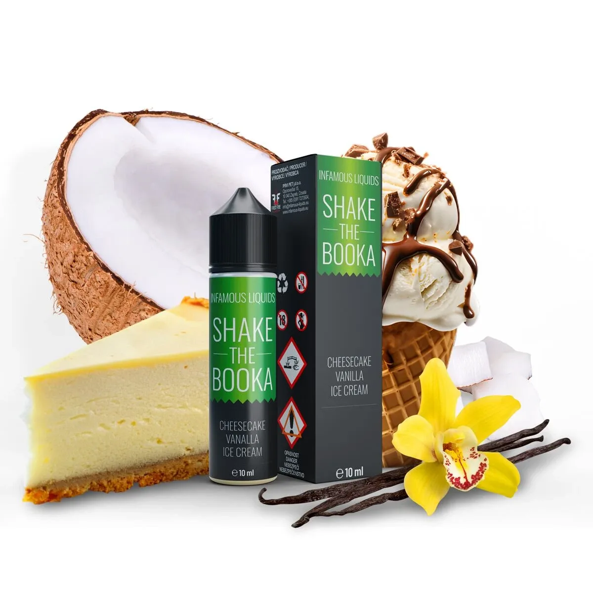 Příchuť Infamous Originals S&V: Shake The Booka (Cheesecake se zmrzlinou a kokosem) objem 10ml tabáková nálepka Kolek R