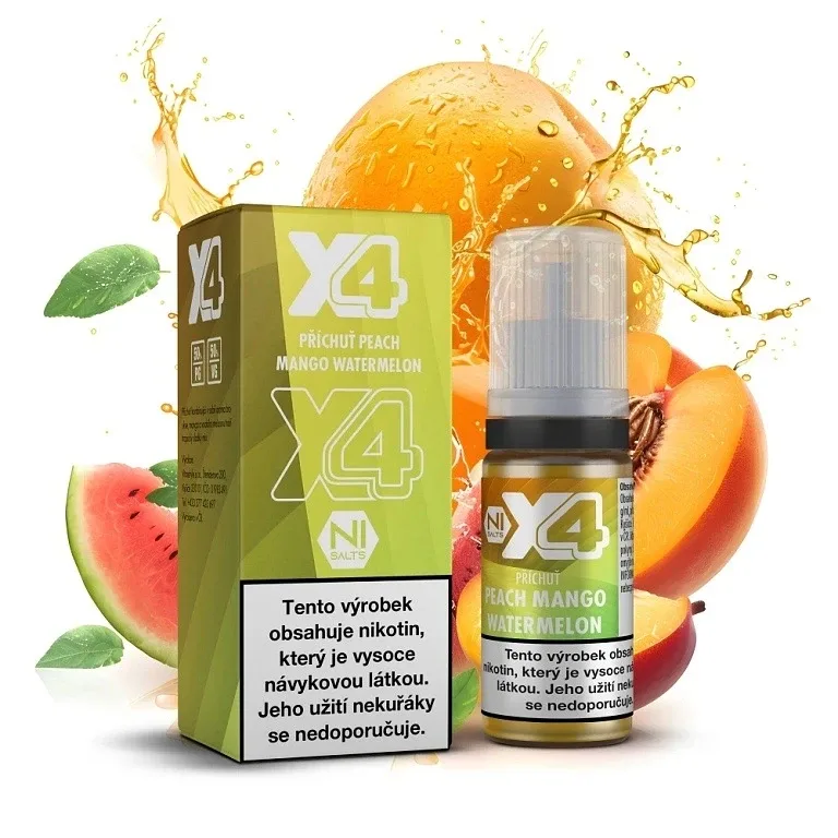 X4 Bar Juice Salt - E-liquid - Peach Mango Watermelon - 10mg Broskev, mango a meloun
